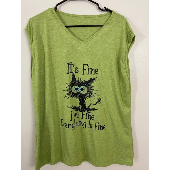 Unbranded Tops - Graphic Tee Women XXL Green Its Fine Im Fine Everything Is Fine Cat